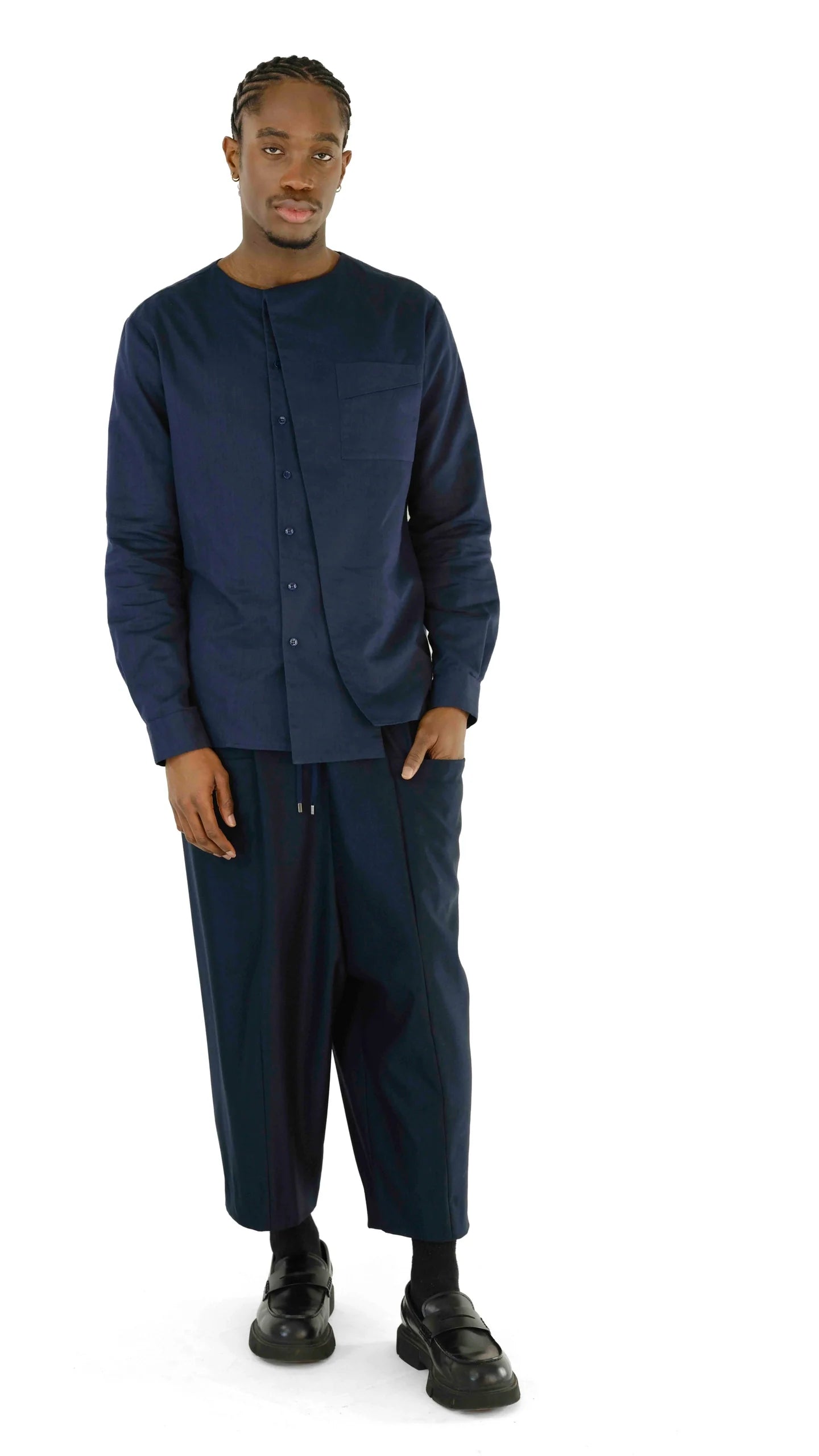 Chemise Vintage Structure, Flanelle Années 90, Col Mandarin, Homme Taille L, Bleu/violet